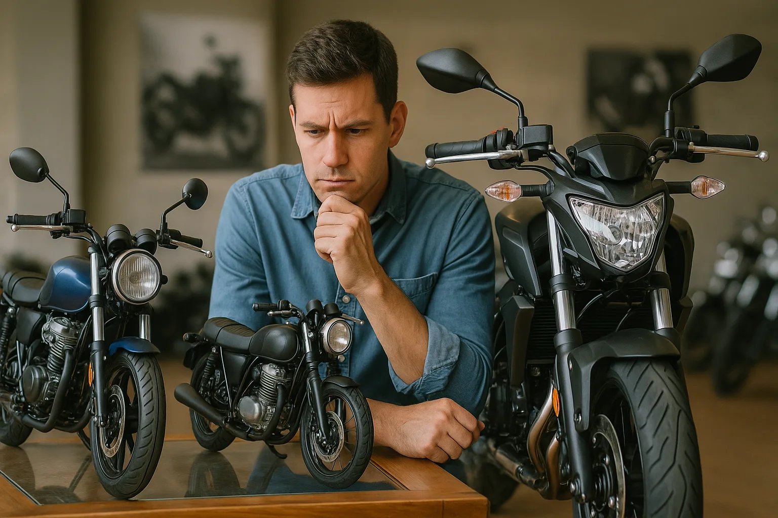 Hombre viendo varias opciones de motocicletas, qué cilindrada me conviene